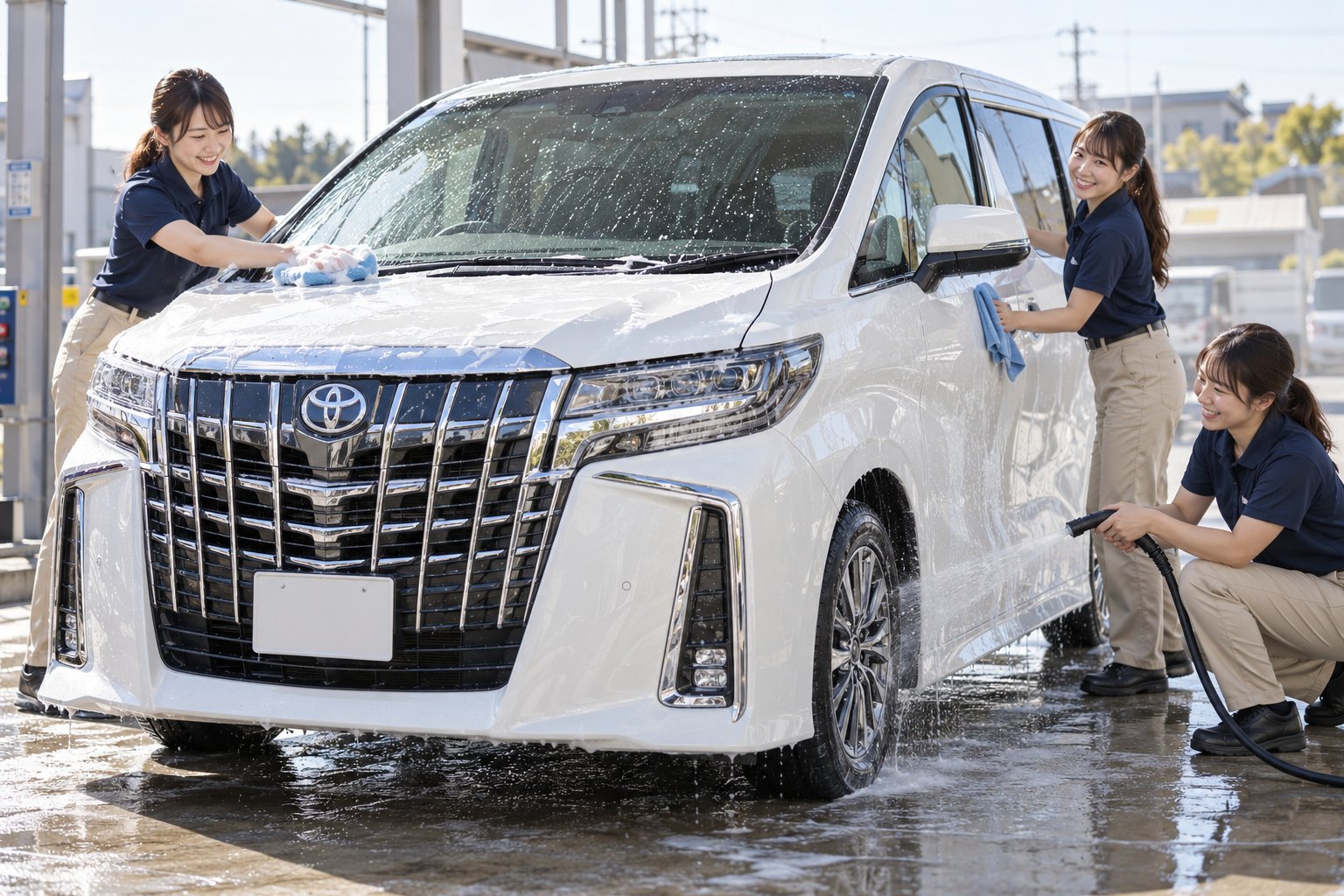 笑顔でアルファードを洗車する女性スタッフ